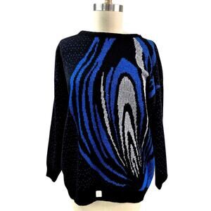 NOS Vtg 80s 90s Jonathan Cass Acrylic Sweater Black Metallic Silver/Blue  L